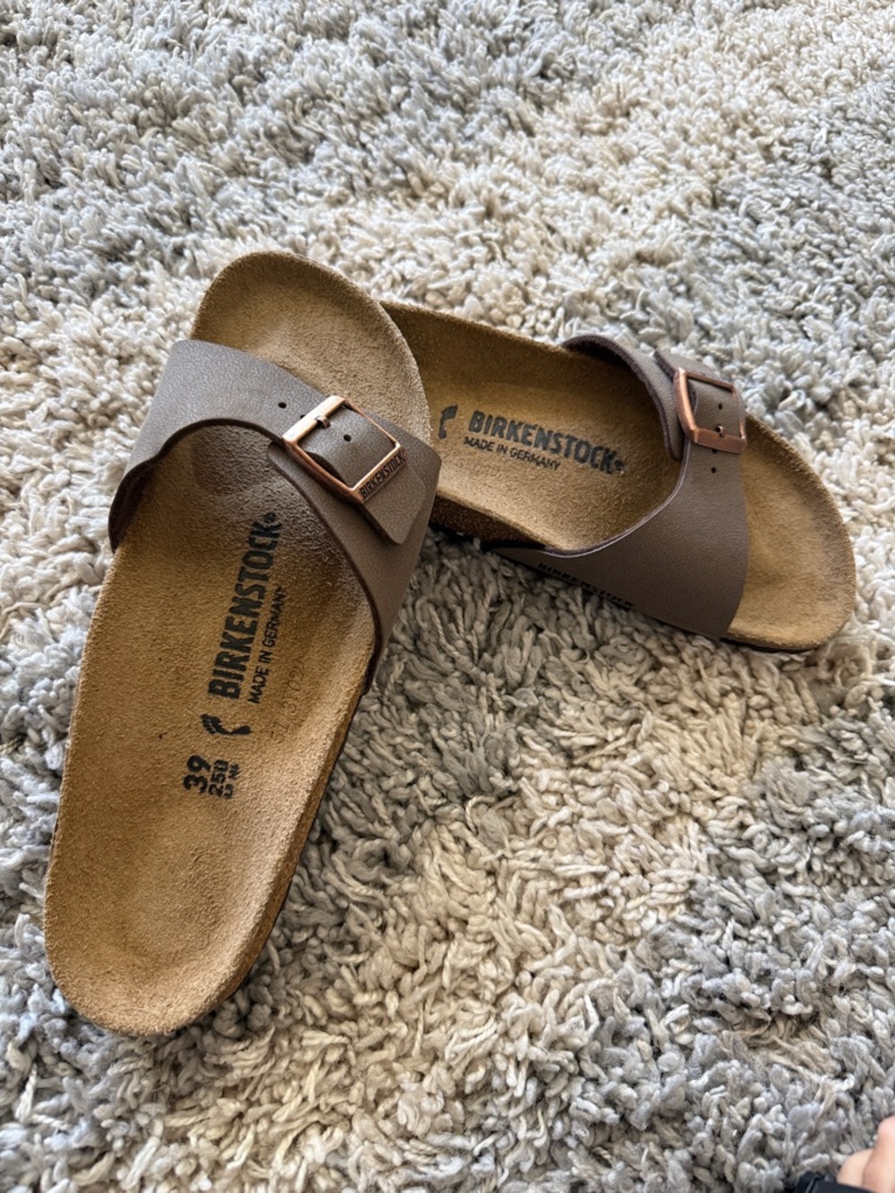 Birkenstock Madrid Single Strap Sandal in Brown with Rose Gold Buckle